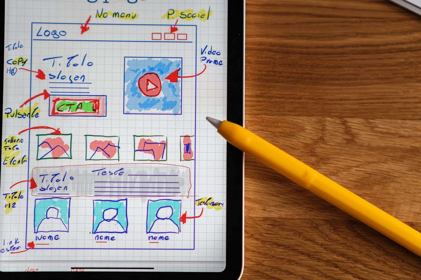 Tablet digitale con schizzi di wireframe di siti web su un tavolo di legno.